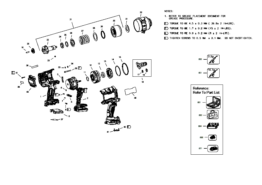 Section 1 Diagram and Parts List for DCF964B Type 1 DeWALT Wrench