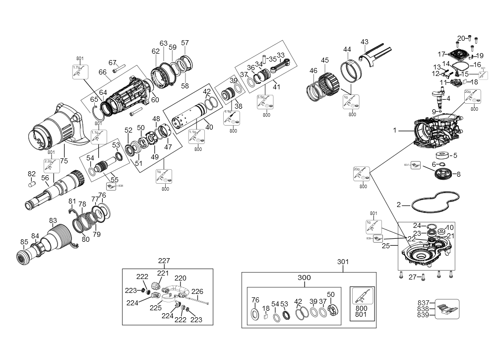 Exploded Diagram A Diagram and Parts List for DCH832X1 Type 1 DeWALT Hammer Drill