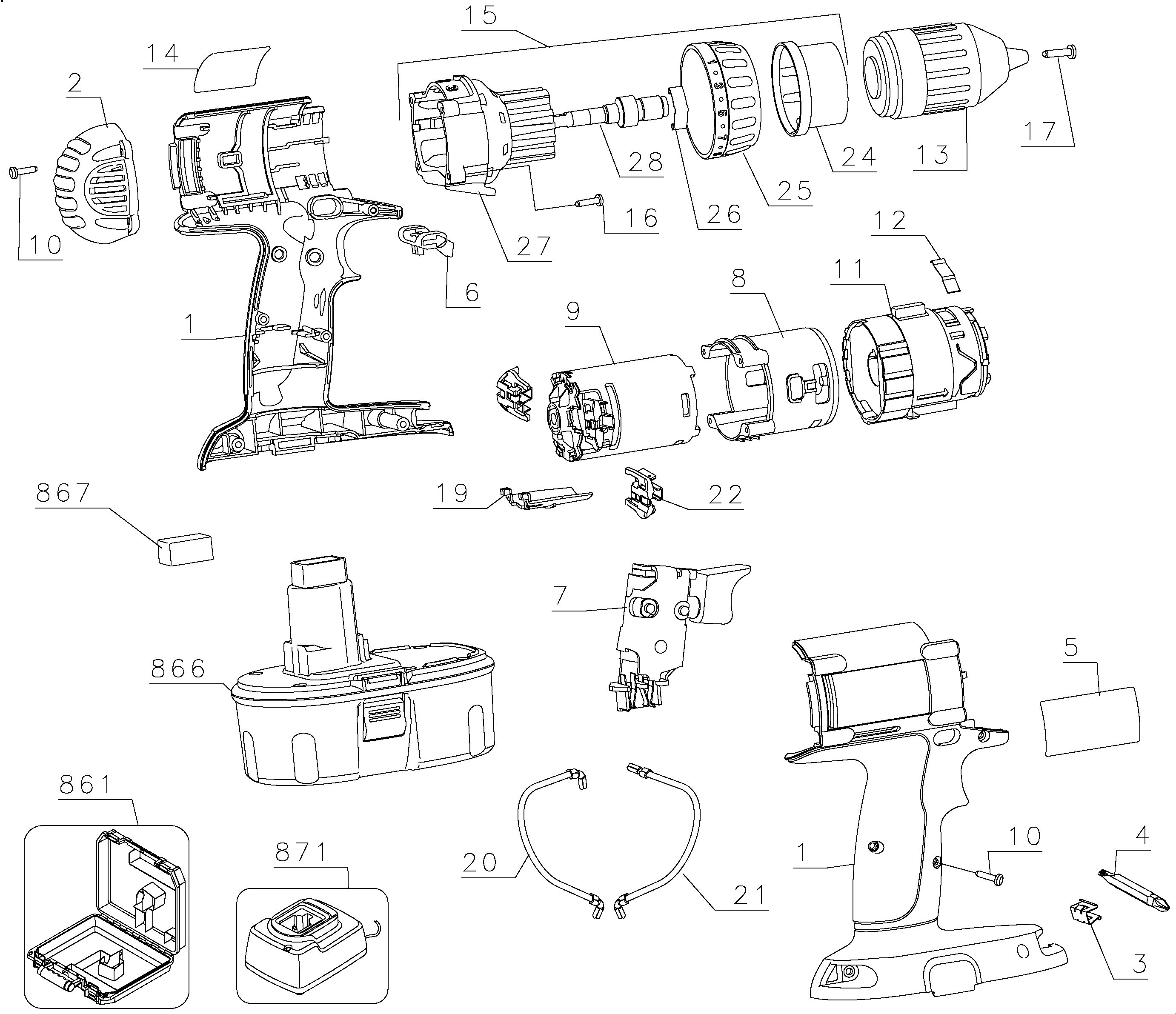 Default Diagram and Parts List for DW980K-2 Type 1 DeWALT Boring Machine