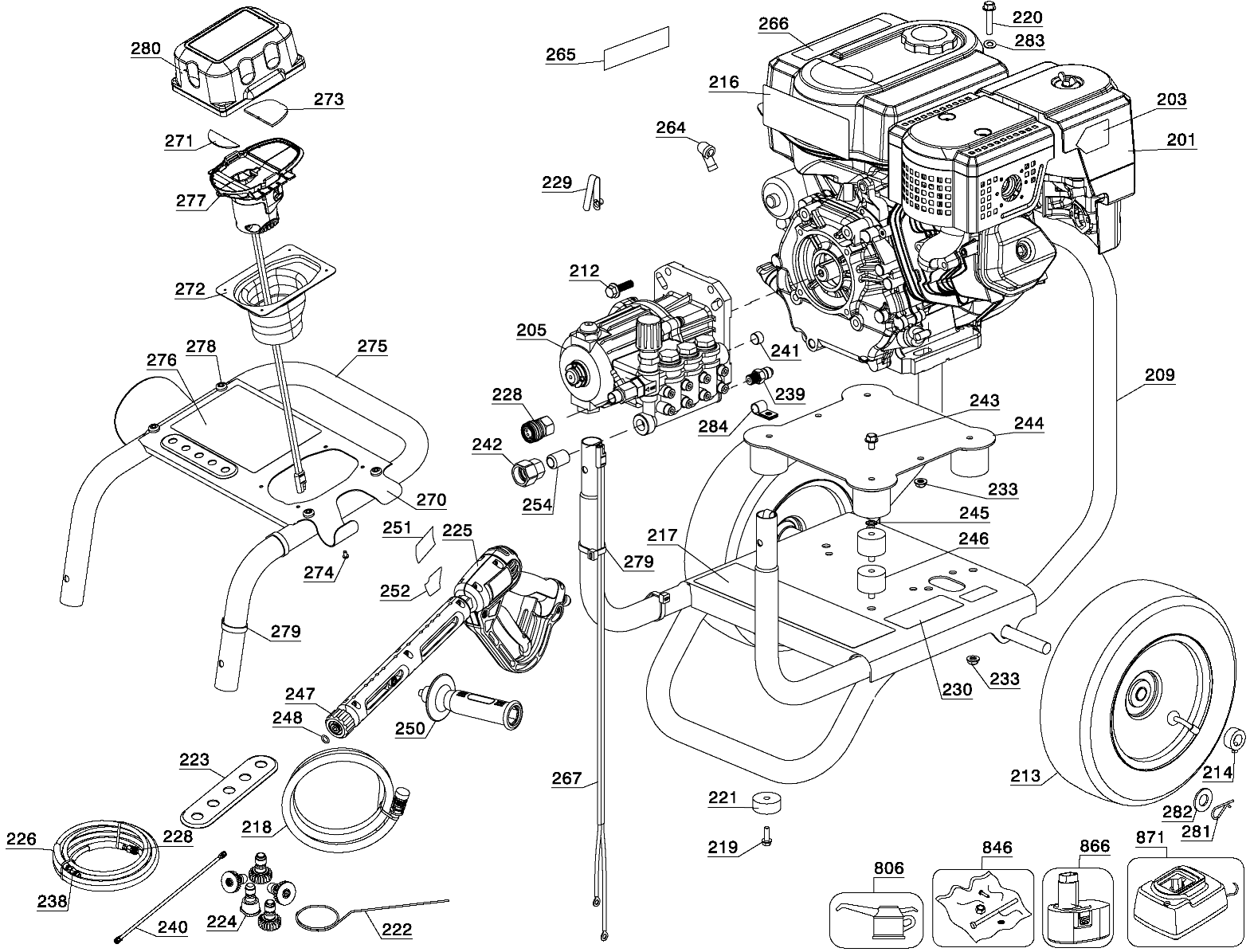 Default Diagram and Parts List for DPE3800X Type 1 DeWALT Pressure Washer
