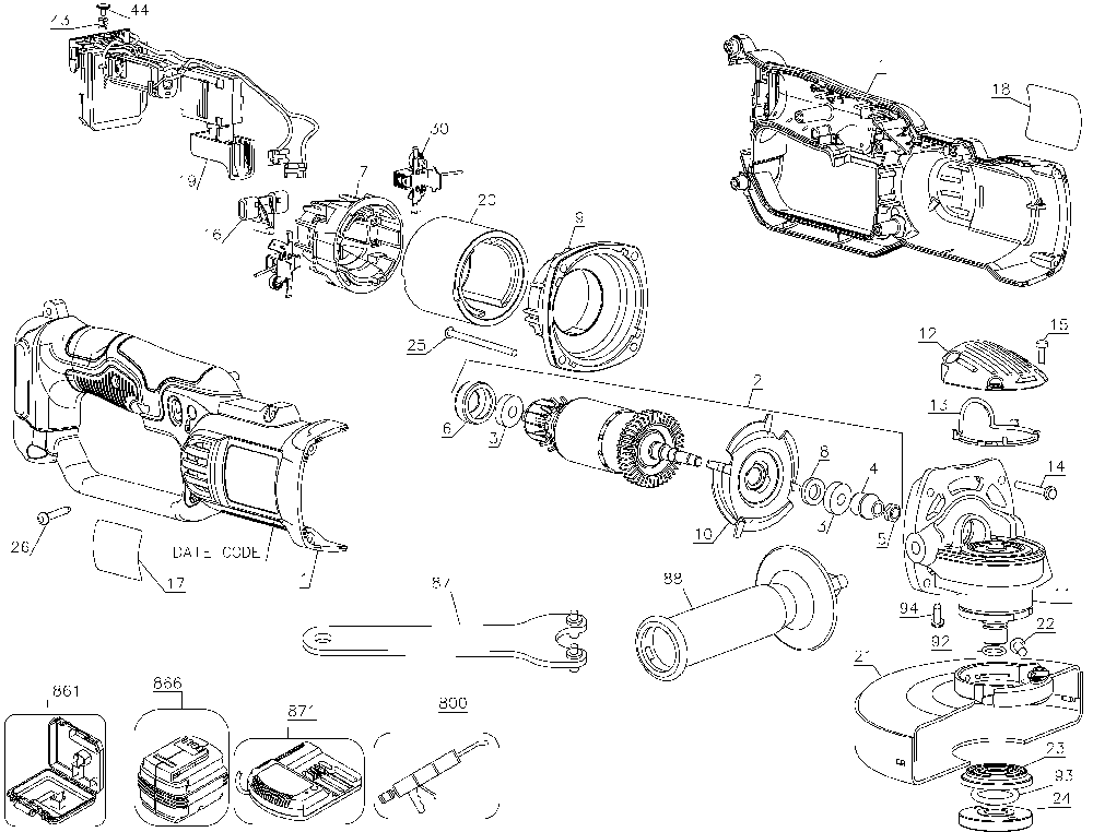 Exploded Diagram A Diagram and Parts List for DCG422M2-WXE Type 1 DeWALT Angle Grinder