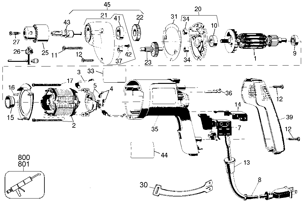 Default Diagram and Parts List for DW102-35 Type 1 DeWALT Boring Machine