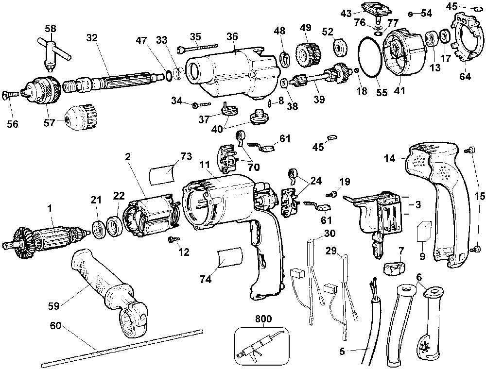 Exploded Diagram A Diagram and Parts List for DW505KSLW Type 2 DeWALT Drill