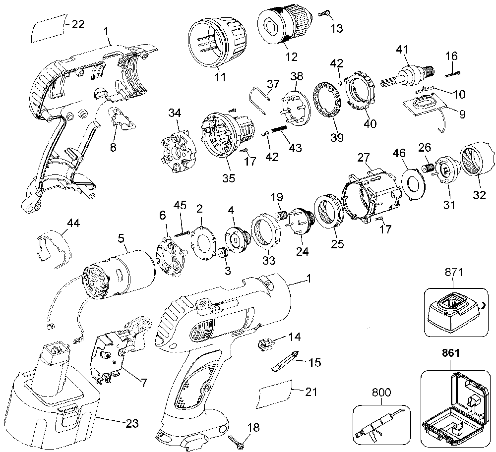 Exploded Diagram A Diagram and Parts List for DW953K-AU Type 2 DeWALT Cordless Drill