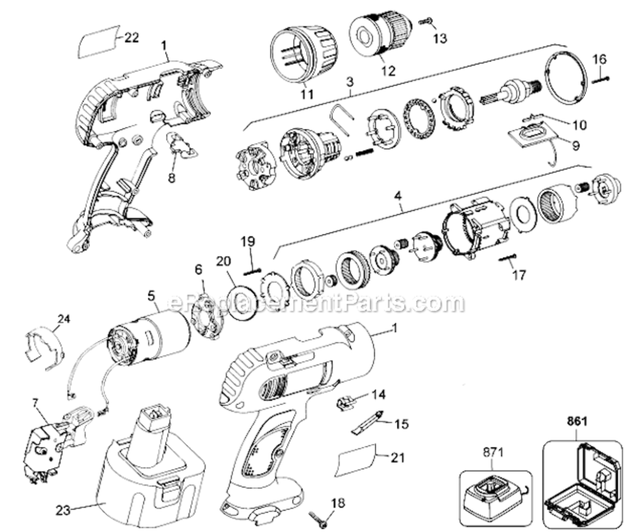 Page A Diagram and Parts List for ECD700K Type 1 DeWALT Cordless Drill