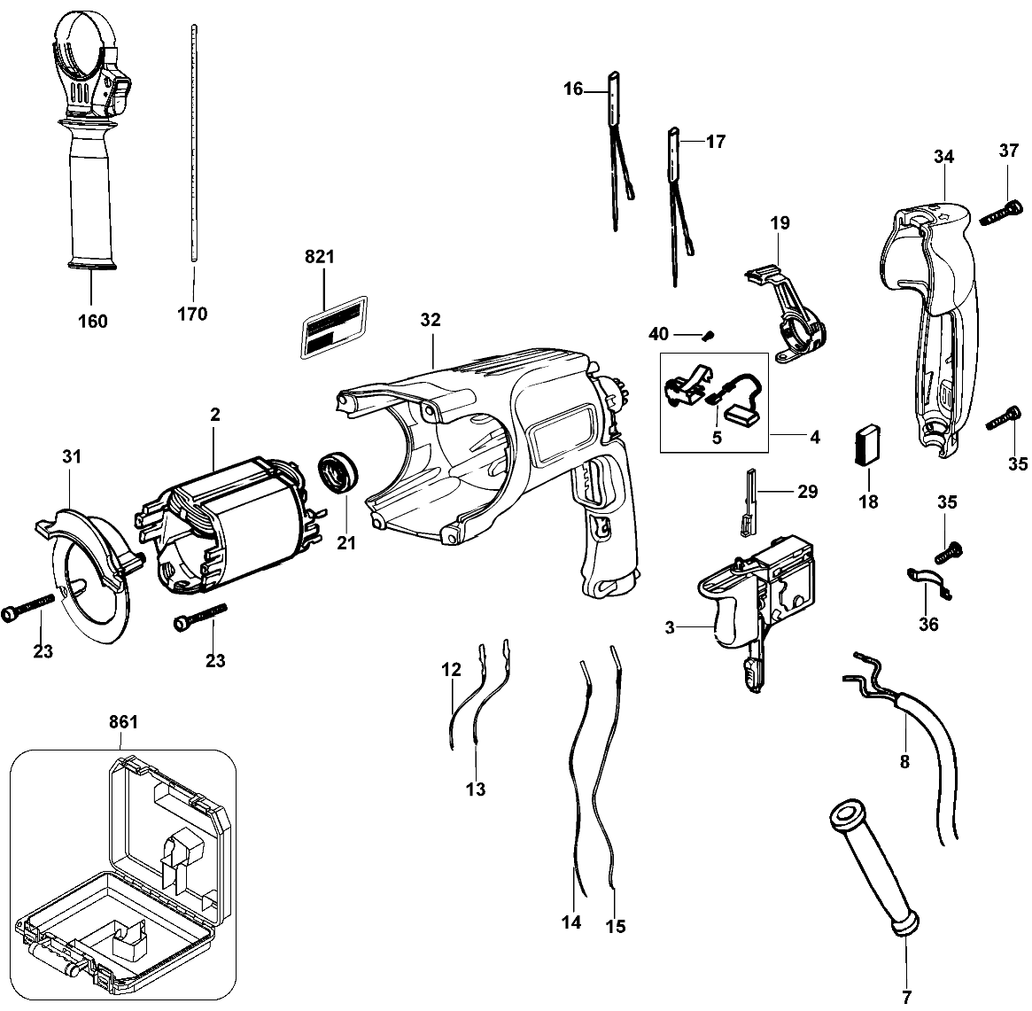 Default Diagram and Parts List for D25111K Type 1 DeWALT Hammer