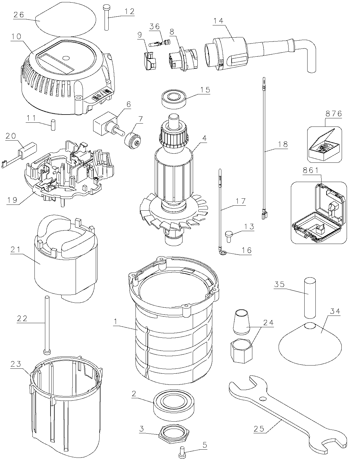 Motor Assembly Diagram and Parts List for DW616K Type 1 DeWALT Router
