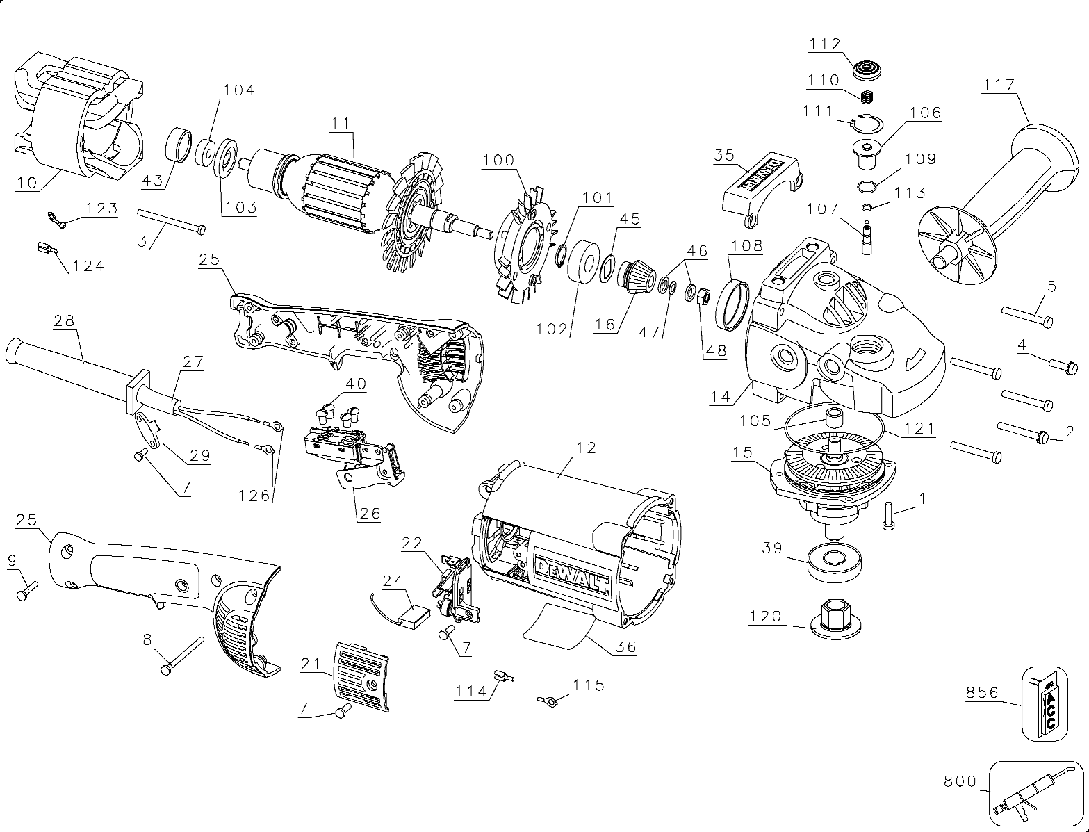 Default Diagram and Parts List for D28493PB3 Type 1 DeWALT Grinder