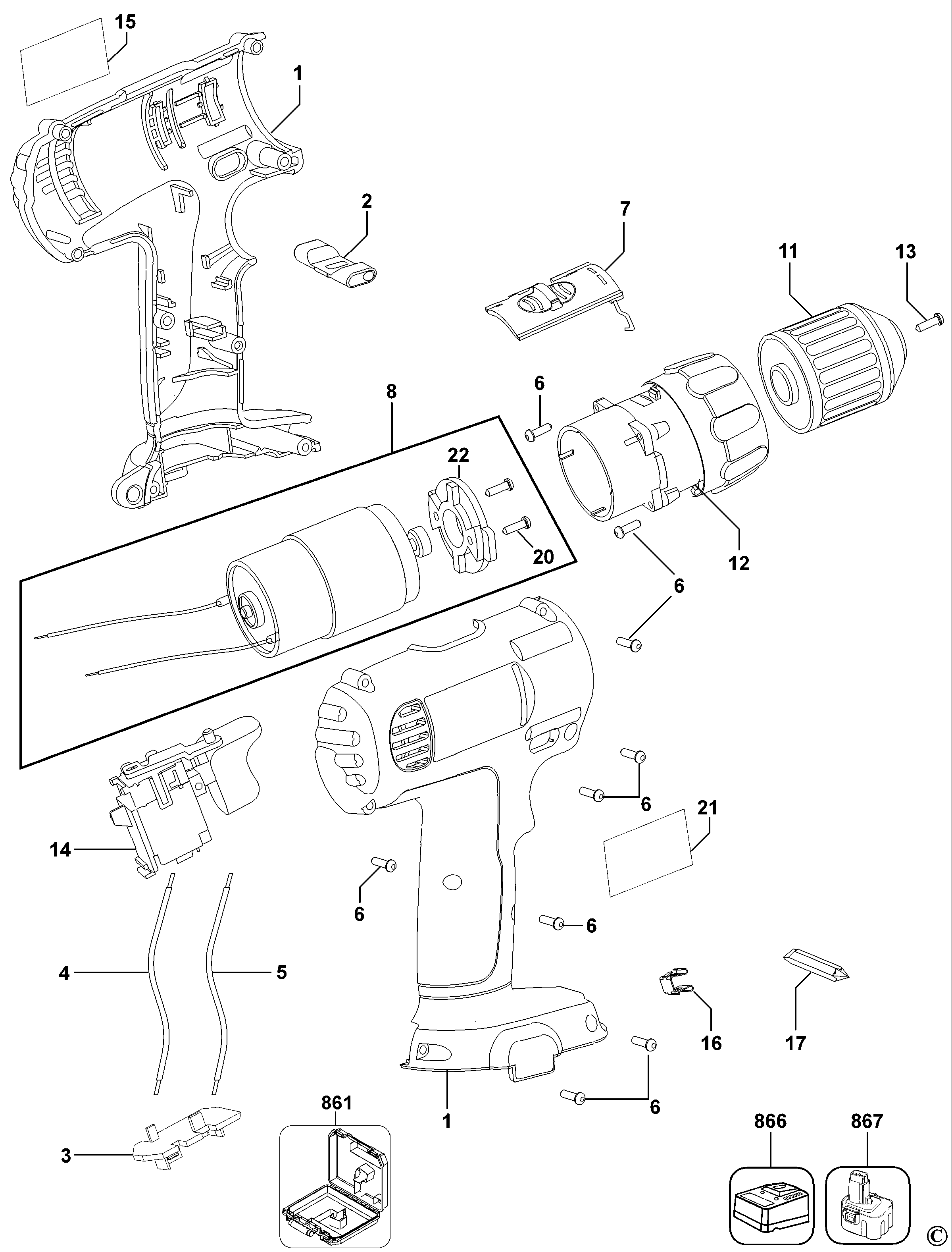 Default Diagram and Parts List for DWC712K2-AR Type 1 DeWALT Boring Machine