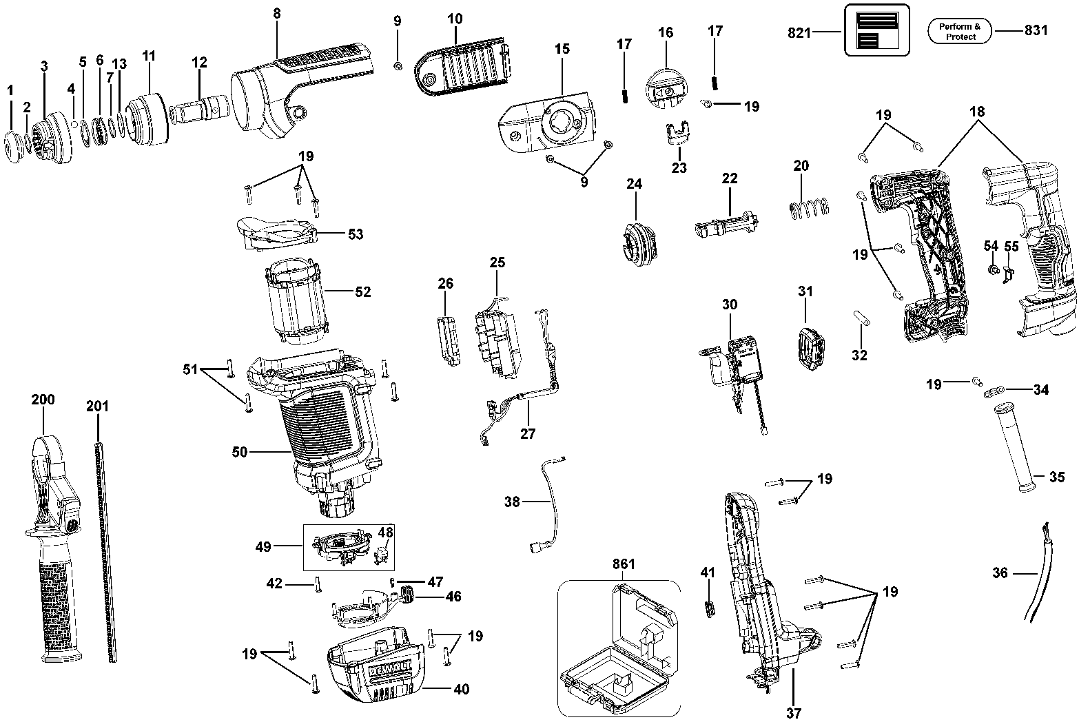 Default Diagram and Parts List for D25416K Type 1 DeWALT Impact Driver