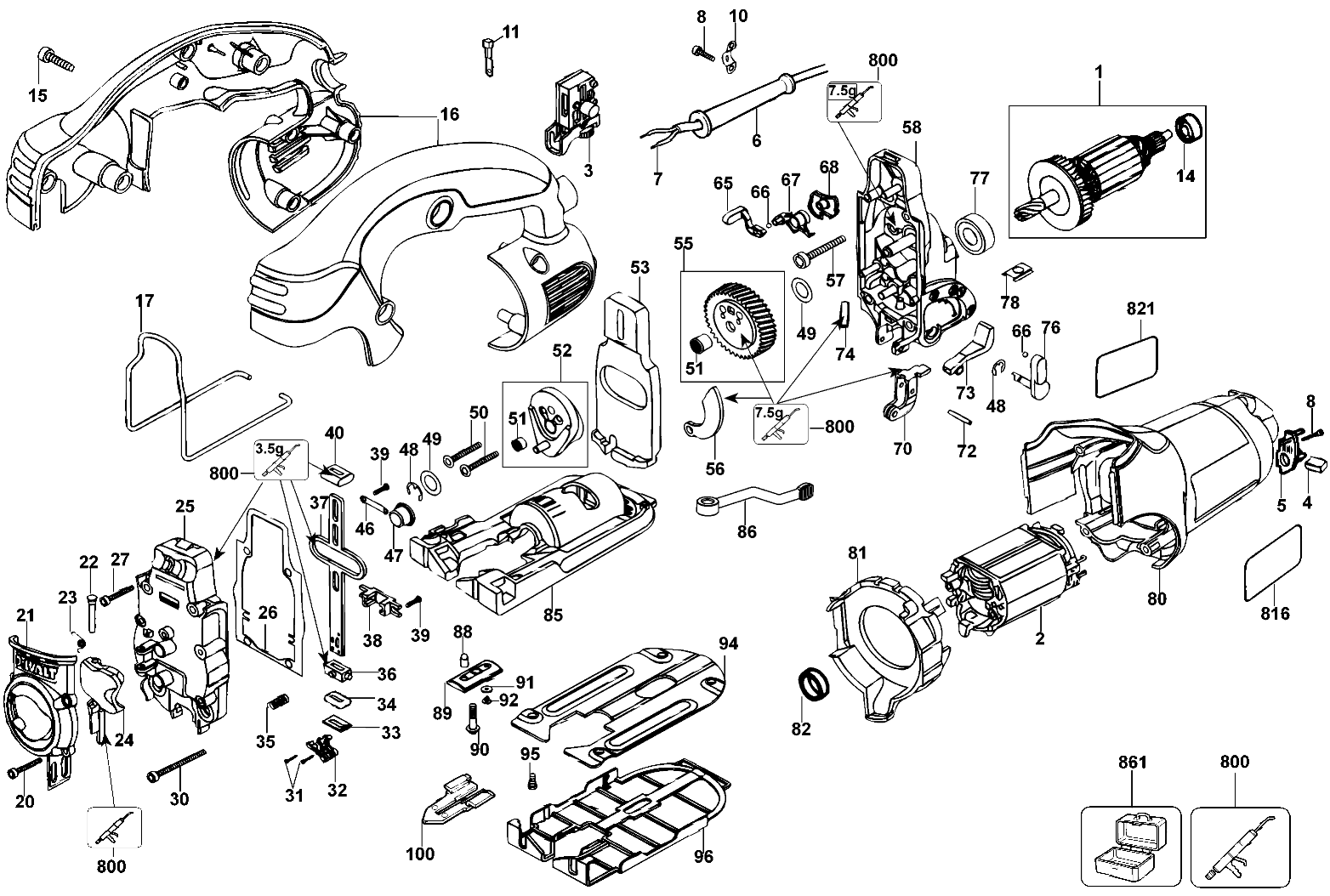 Default Diagram and Parts List for DW331K-AR Type 10 DeWALT Jig Saw