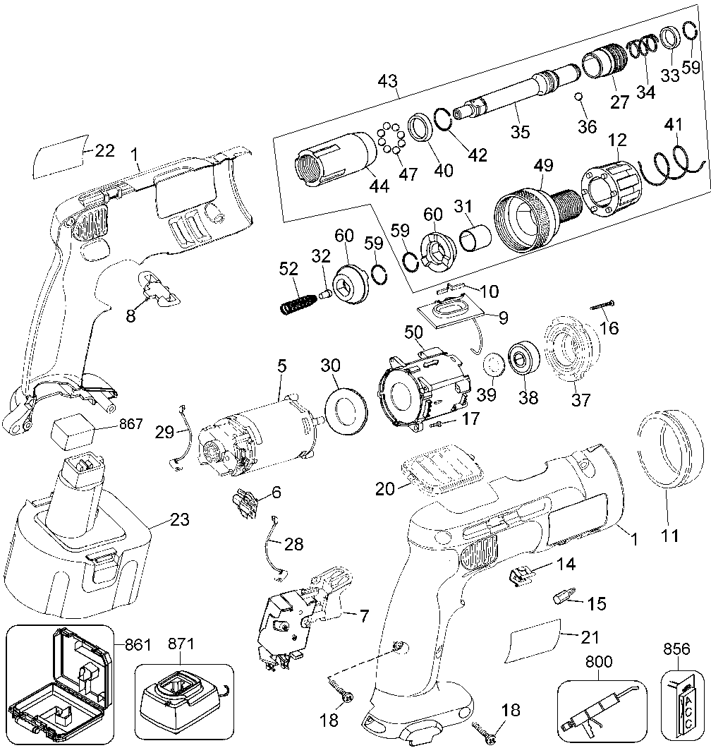 Default Diagram and Parts List for DW968K-2 Type 1 DeWALT Impact Driver