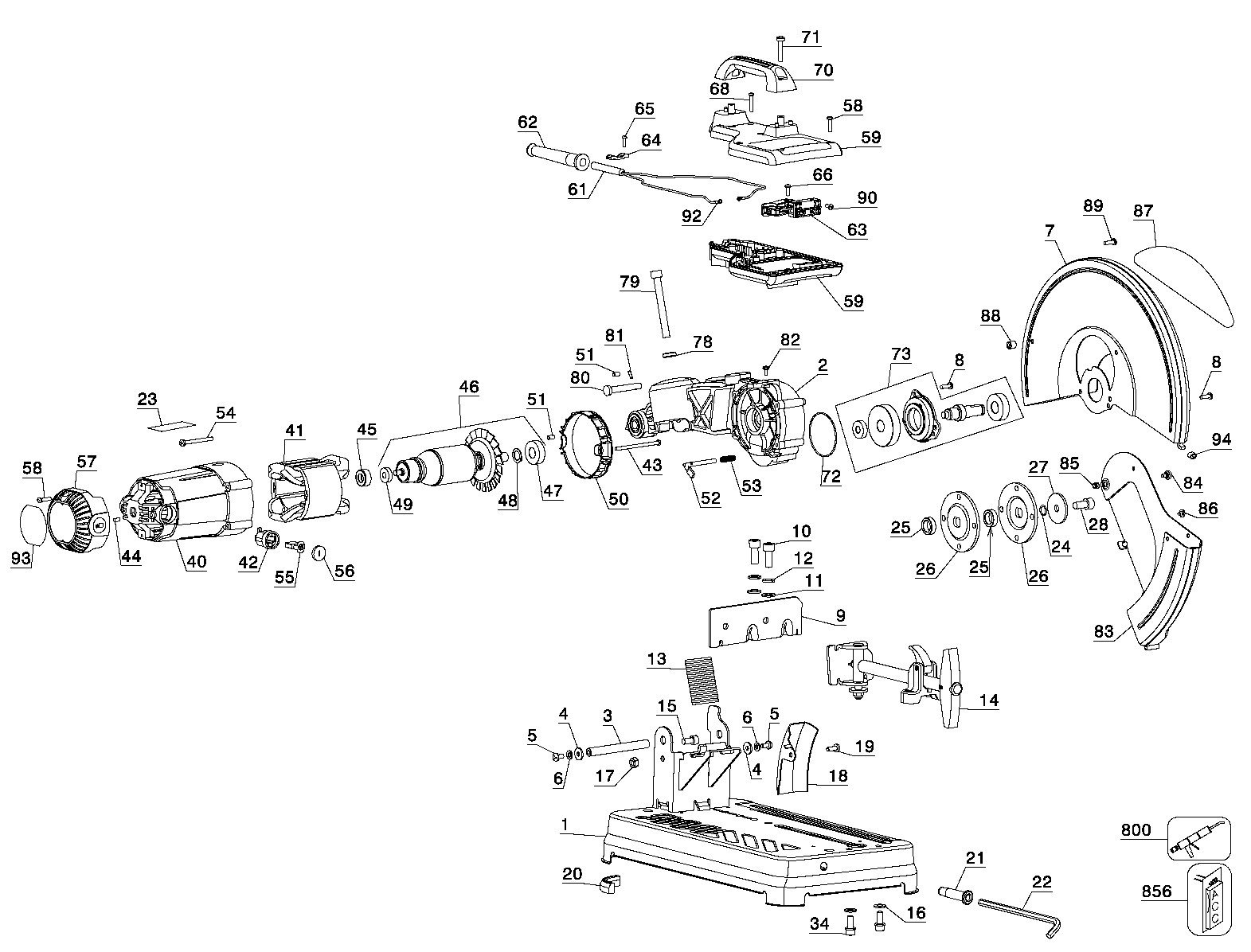 Default Diagram and Parts List for D28700-B3 Type 1 DeWALT Chop Saw