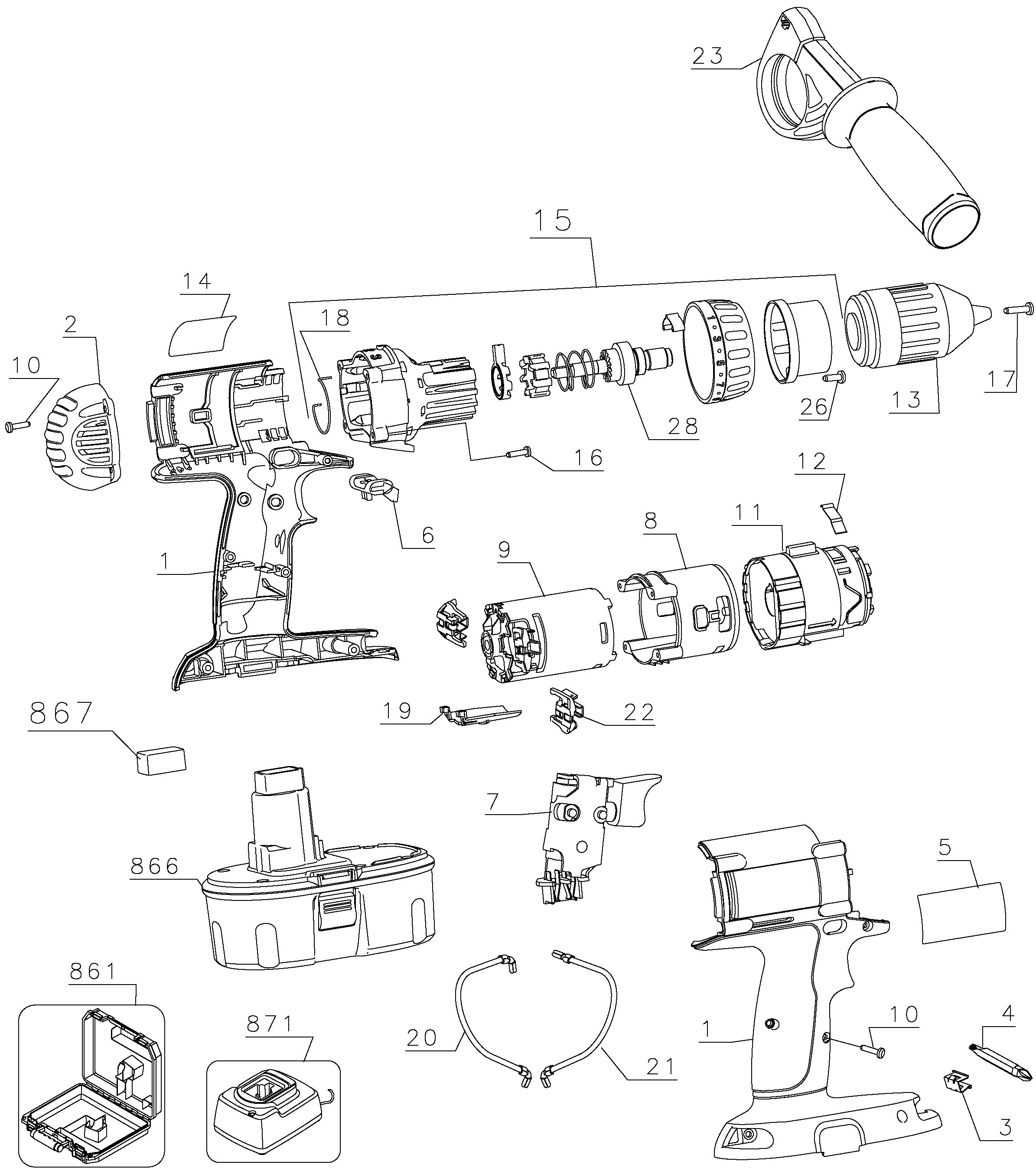 Default Diagram and Parts List for DW988K-2H Type 1 DeWALT Hammer Drill