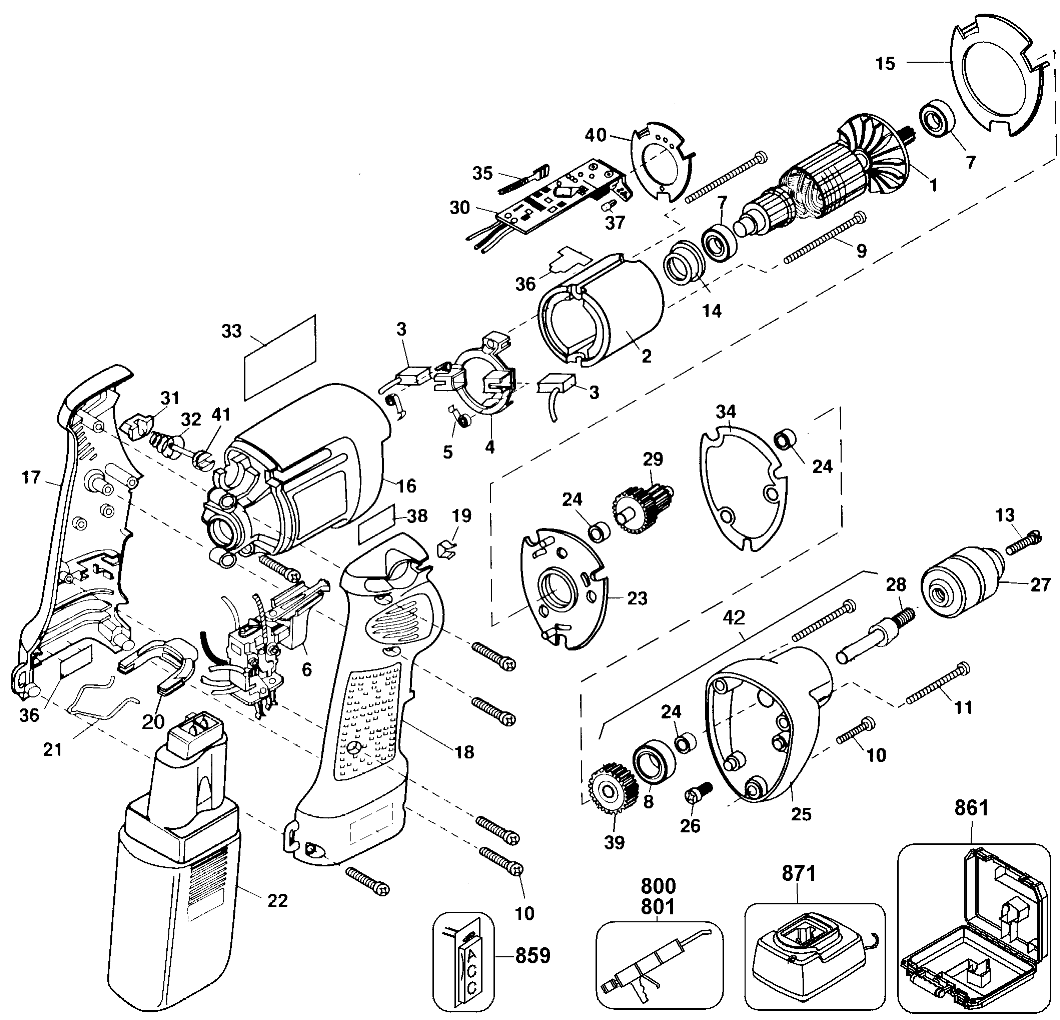 Default Diagram and Parts List for DW947K Type 1 DeWALT Electric Drill