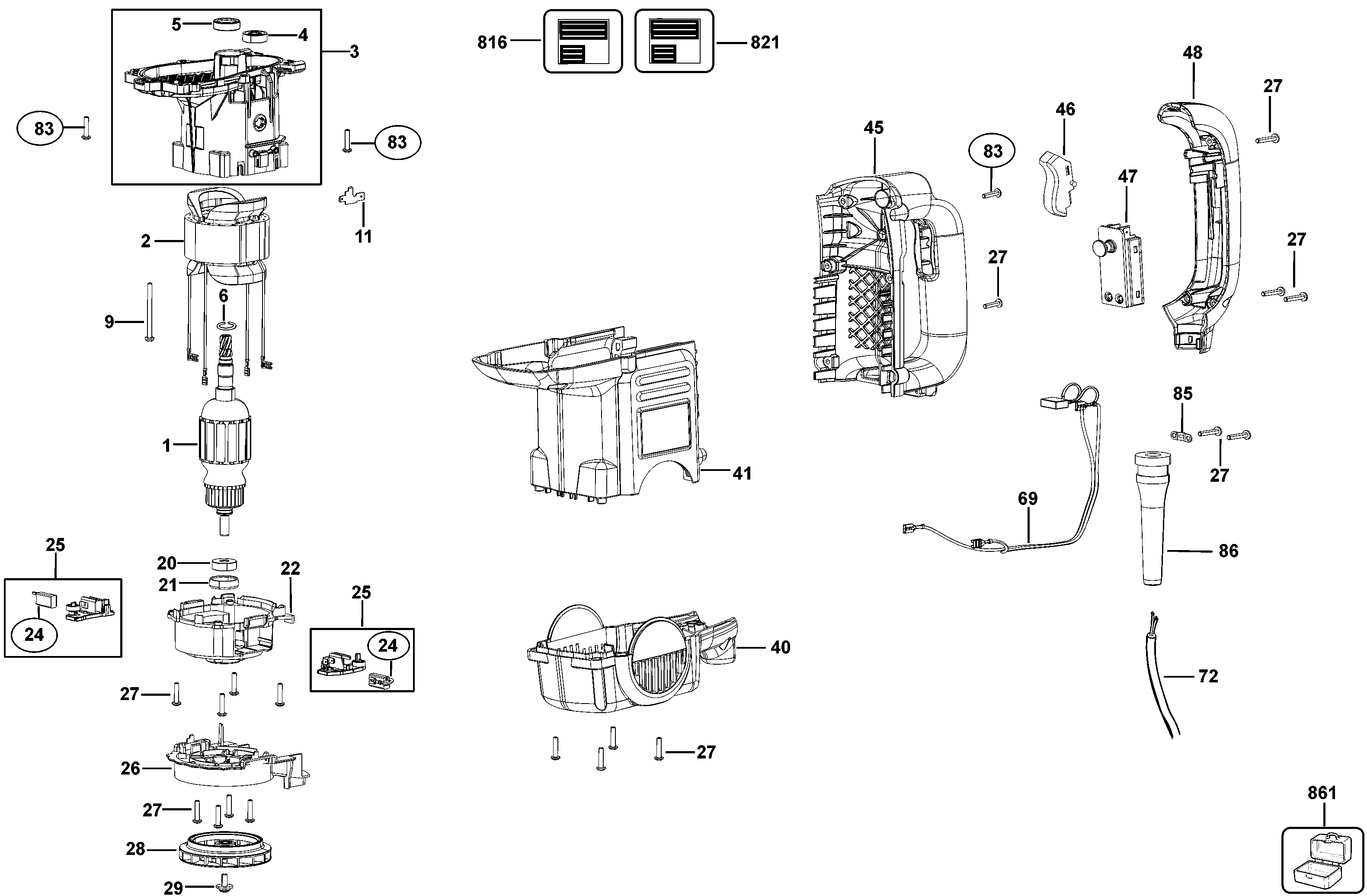 Default Diagram and Parts List for D25820K-B3 Type 1 DeWALT Hammer Drill