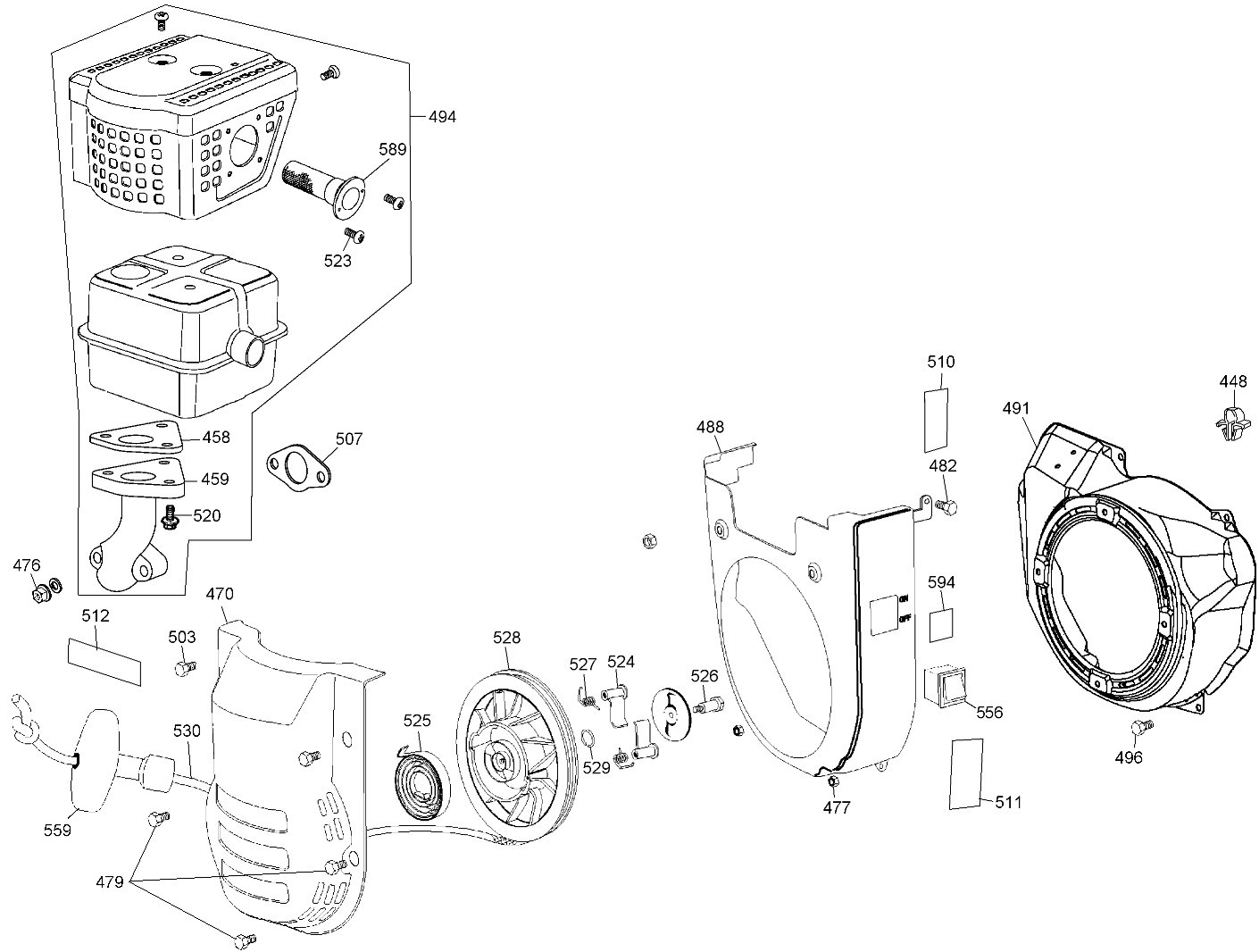 Muffler & Recoil Starter Diagram and Parts List for DW90LAG-B3 Type 1 DeWALT Engine