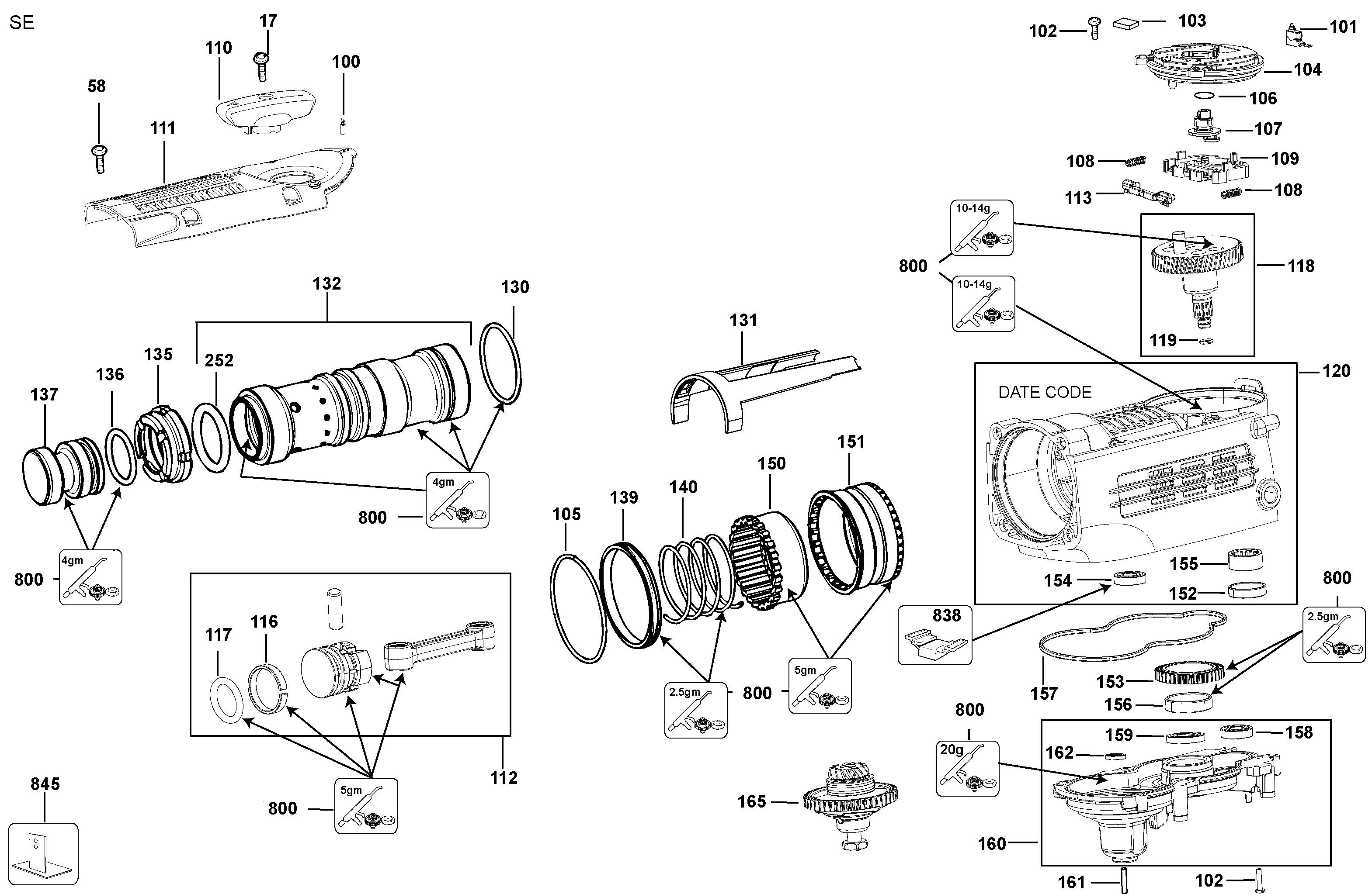 Default Diagram and Parts List for D25763K Type 1 DeWALT Hammer