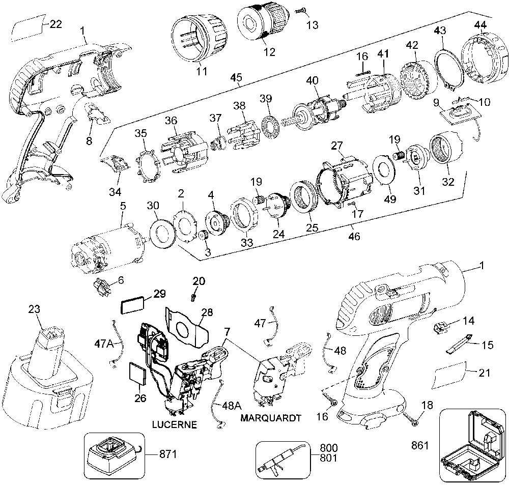 Exploded Diagram A Diagram and Parts List for D994KQ-04 Type 1 DeWALT Electric Drill