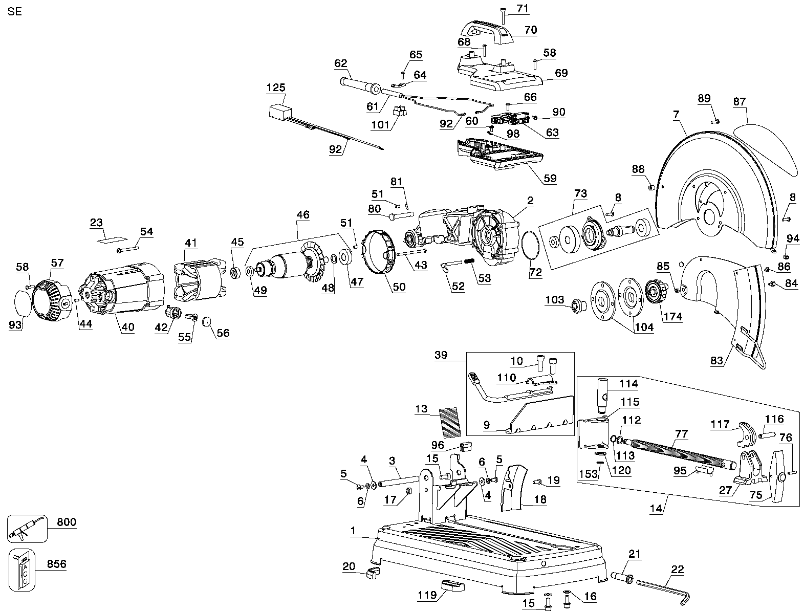 Default Diagram and Parts List for D28715X Type 2 DeWALT Chop Saw