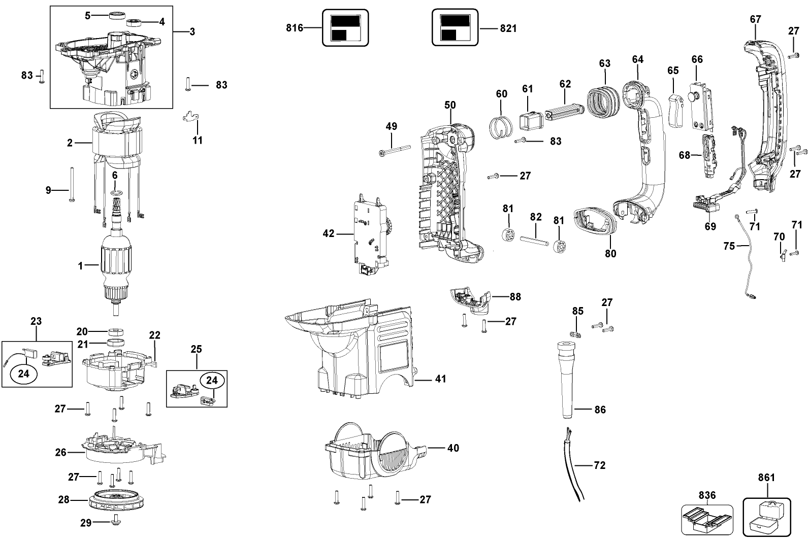 Default Diagram and Parts List for D25601K-B2 Type 2 DeWALT Hammer