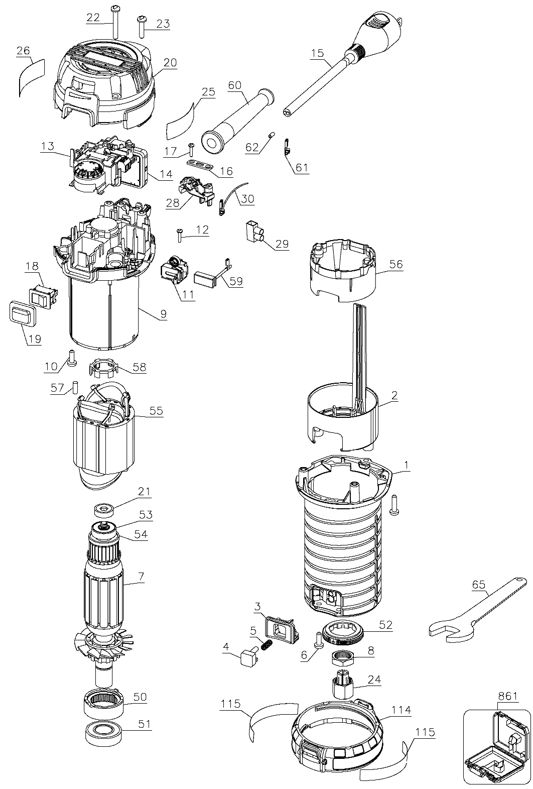 Default Diagram and Parts List for DWP611PK-BR Type 1 DeWALT Router