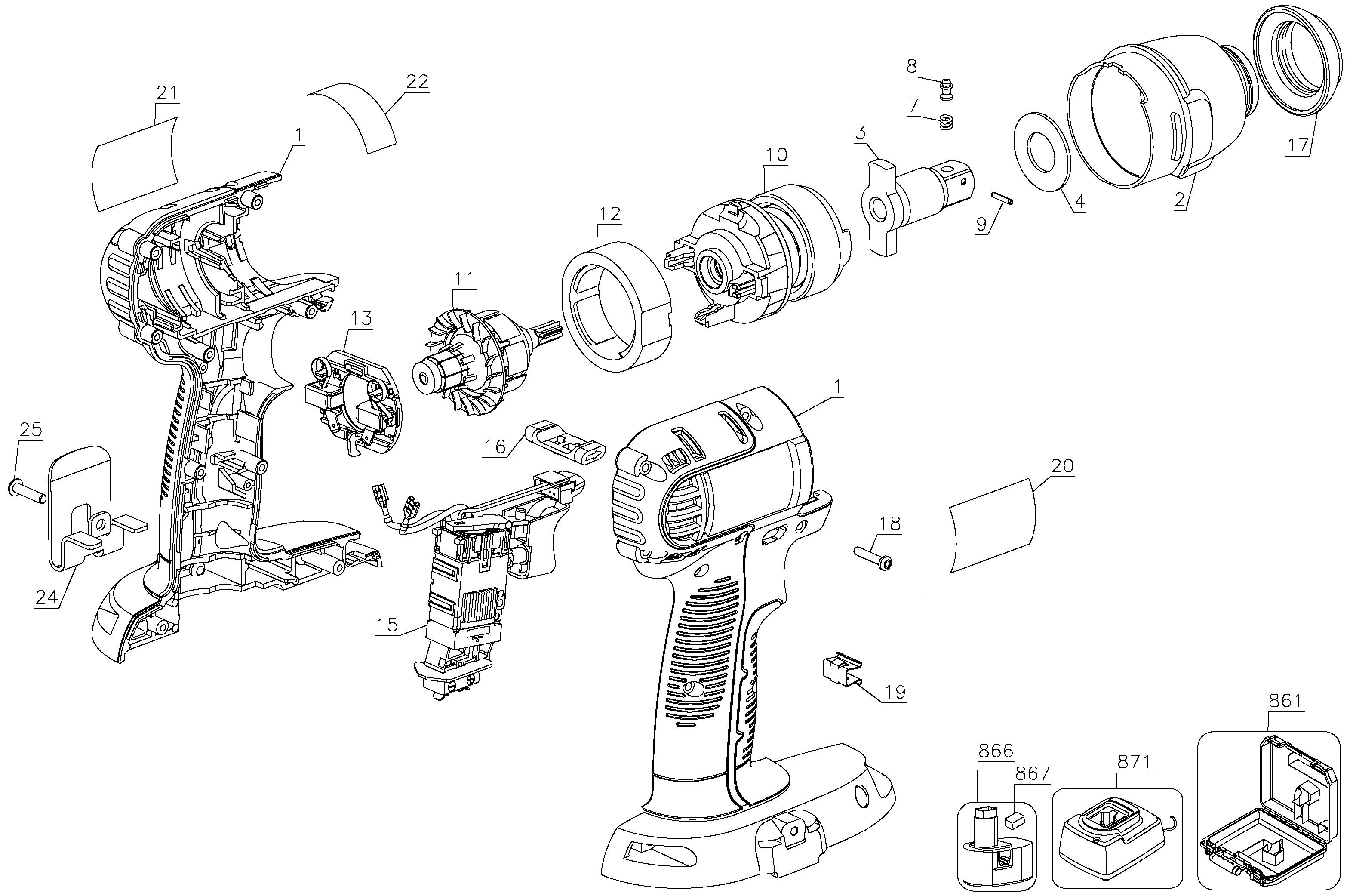 Default Diagram and Parts List for DC820K Type 3 DeWALT Wrench