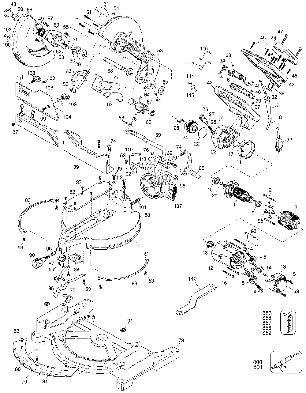 Exploded Diagram A Diagram and Parts List for DW705-46 Type 1 DeWALT Miter Saw