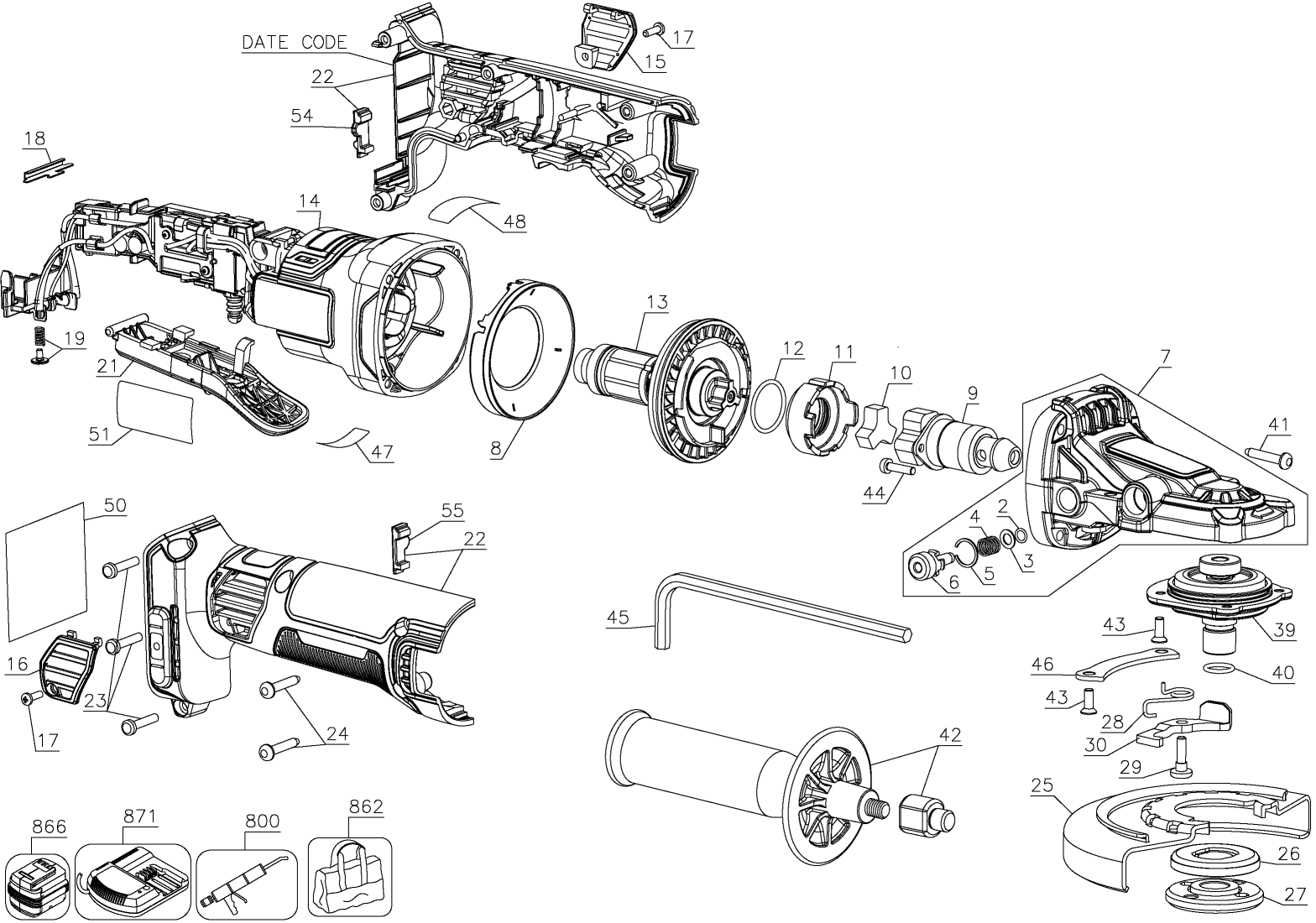 Default Diagram and Parts List for DCG413FR2 Type 1 DeWALT Grinder