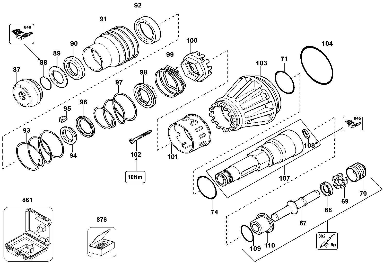 tool holder Diagram and Parts List for D25902K Type 1 DeWALT Hammer