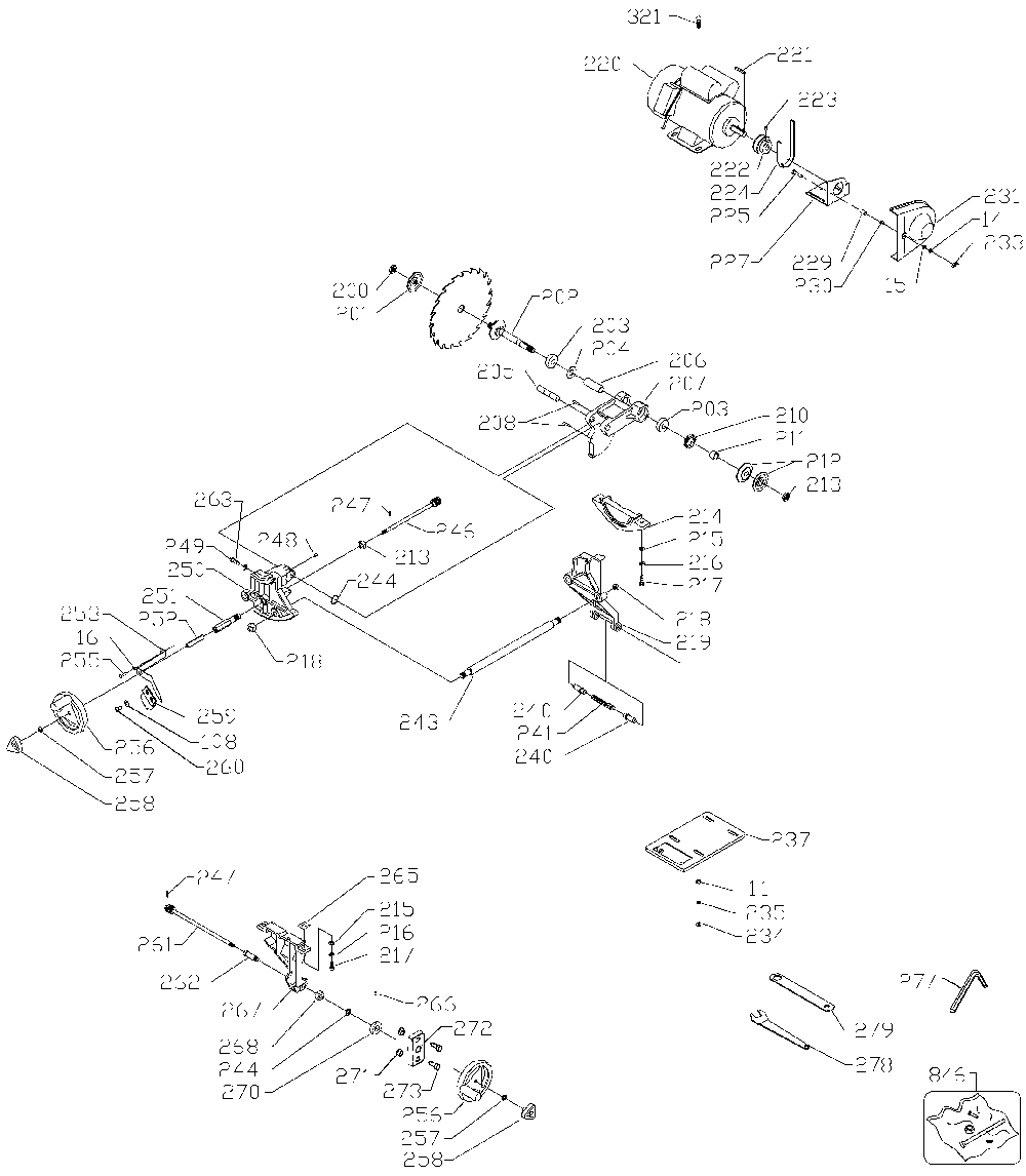 Exploded Diagram B Diagram and Parts List for 36-968 Type 1 Delta Table Saw