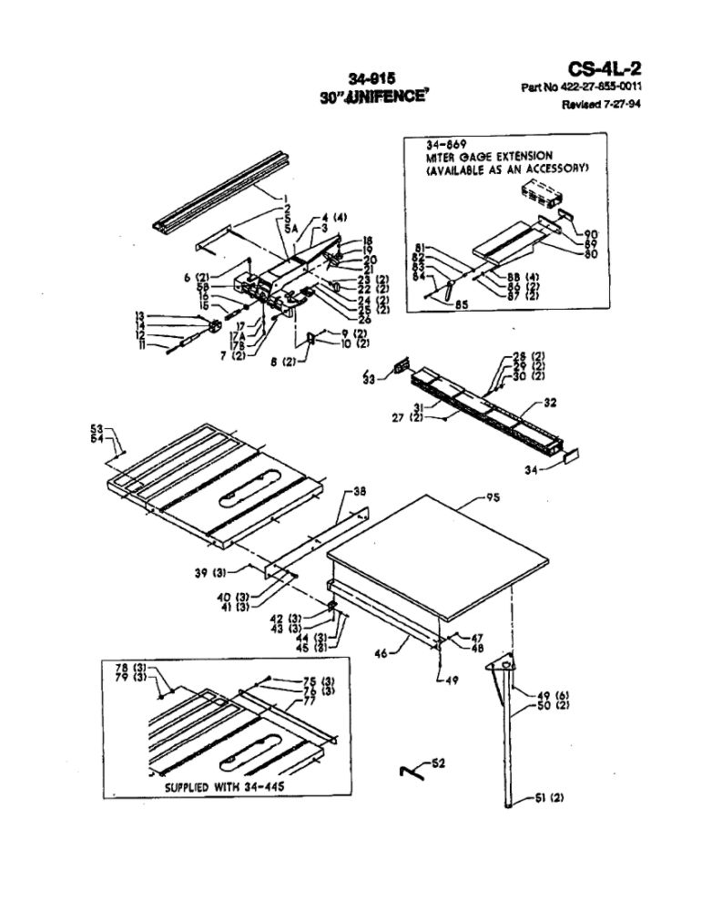 30-Inch Unifence Diagram and Parts List for 34-440 90C12580 THRU 95H98459 Delta Table Saw
