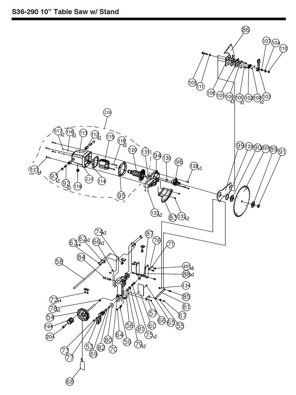 Fig-1 Diagram and Parts List for S36-290  Delta Saw
