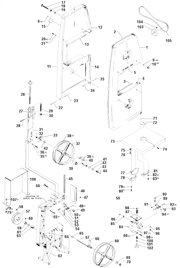 Page A Diagram and Parts List for 28-101 Type 1 Delta Band Saw