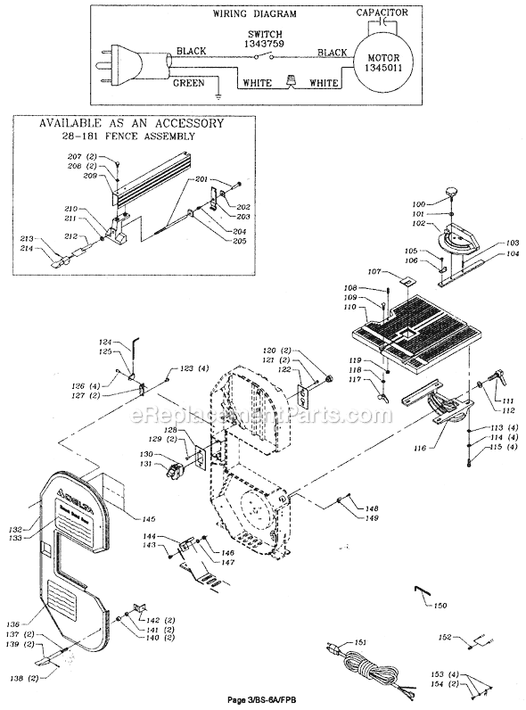 Page B Diagram and Parts List for 28-185 Type 1 Delta Band Saw