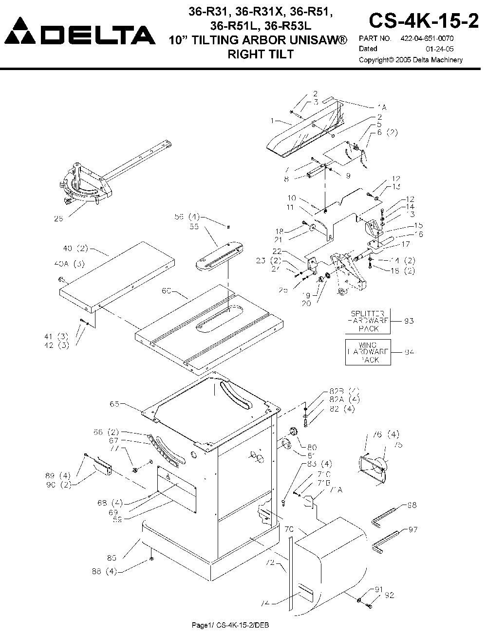 Exploded Diagram A Diagram and Parts List for 36-R53L-575-U50 Type 1 Delta Table Saw