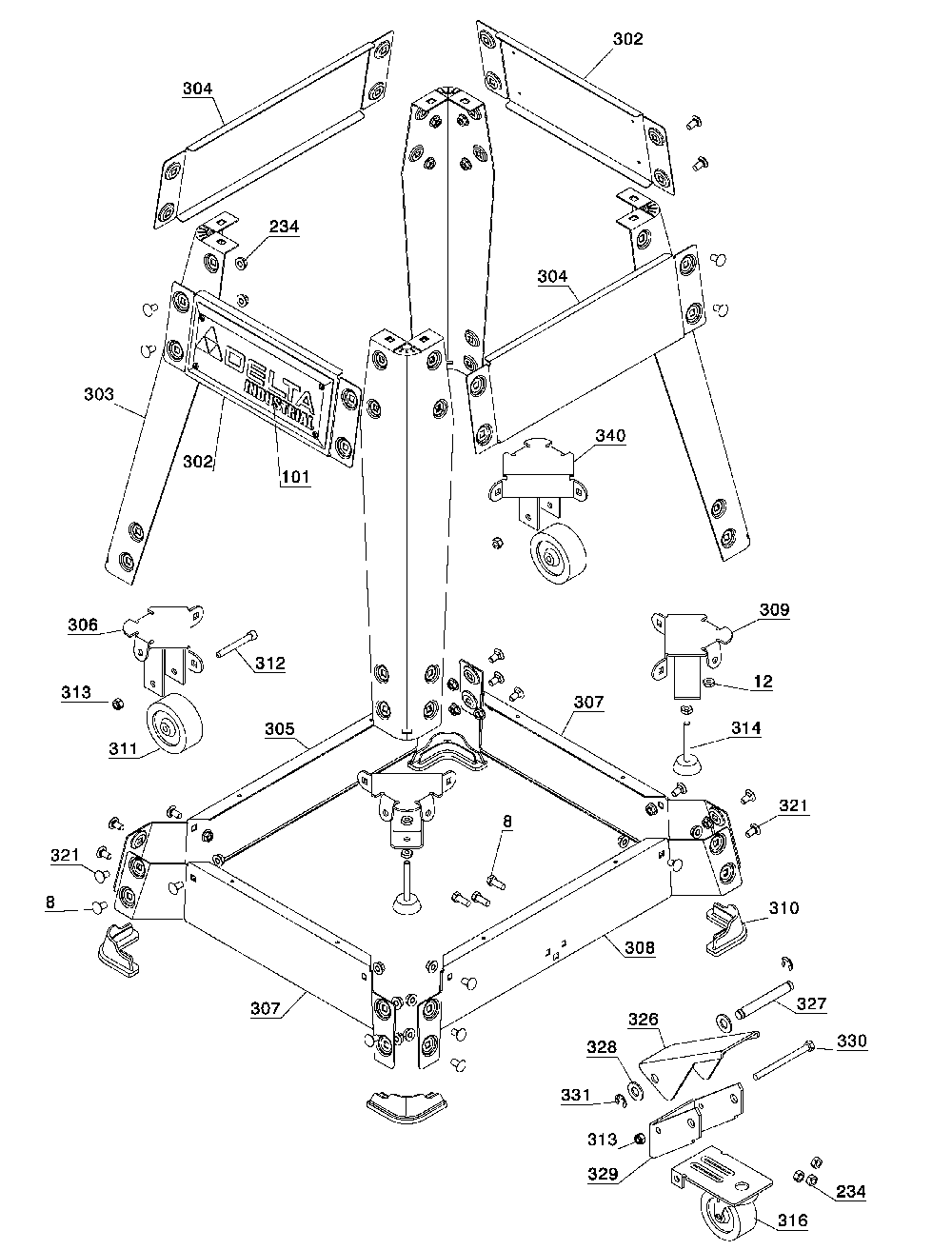 Exploded Diagram C Diagram and Parts List for 36-968 Type 1 Delta Table Saw