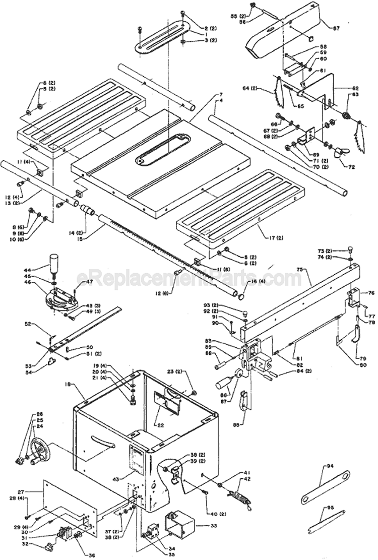 Table and Cabinet Assembly Diagram and Parts List for 34-670 Type 1 Delta Table Saw