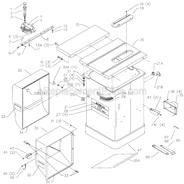 Page A Diagram and Parts List for 34-783L Type 1 Delta Table Saw