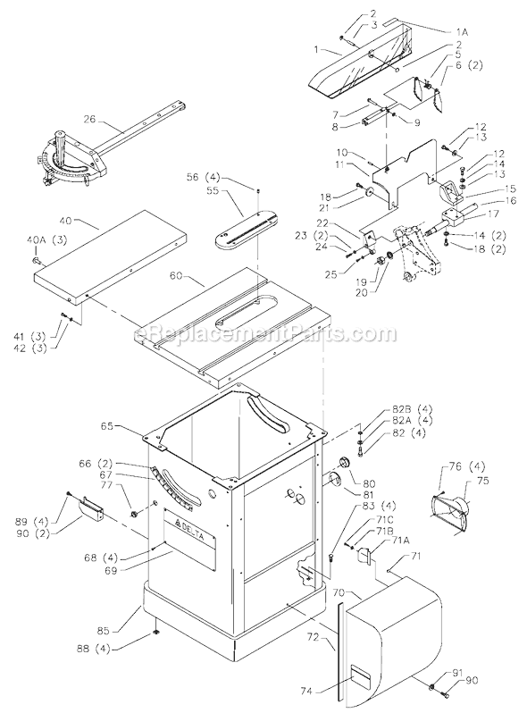 Table, Cabinet and Guard Assembly Diagram and Parts List for 34-802 Type 2 Delta Table Saw