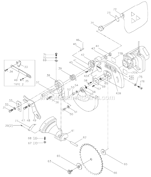 Page B Diagram and Parts List for 36-040 Type 1 Delta Miter Saw