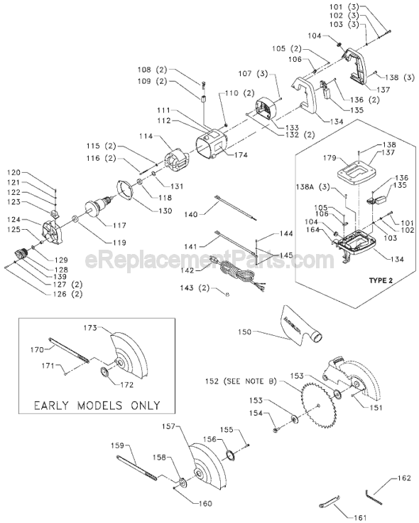Page B Diagram and Parts List for 36-075 Type 3 Delta Miter Saw