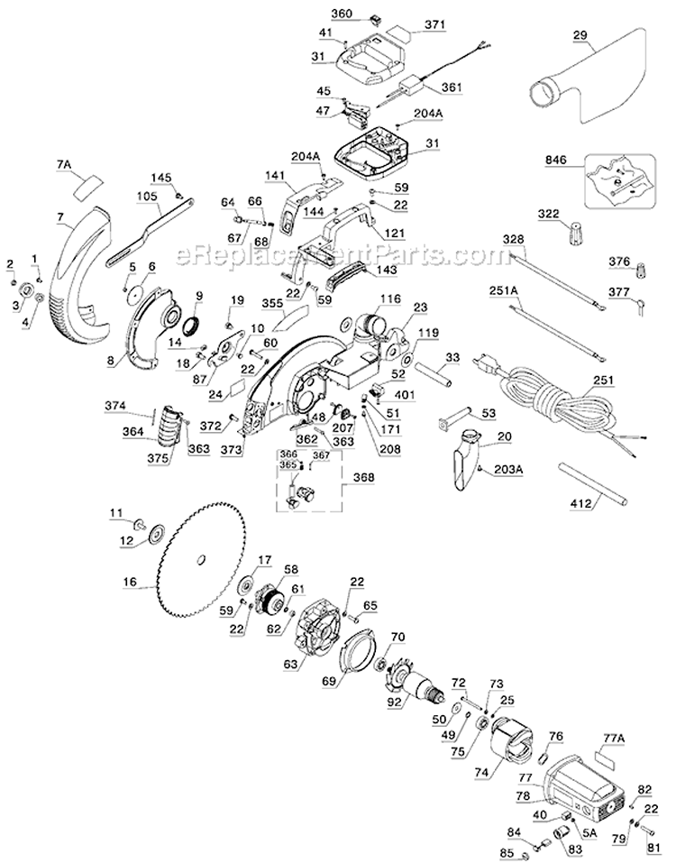 Page B Diagram and Parts List for 36-322L Type 1 Delta Miter Saw