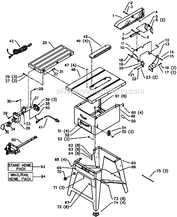 Page A Diagram and Parts List for 36-445 Type 1 Delta Table Saw