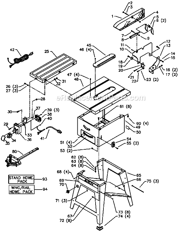 Page A Diagram and Parts List for 36-450 Type 1 Delta Table Saw