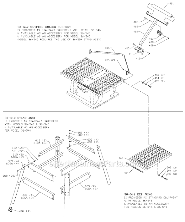 Page D Diagram and Parts List for 36-546 Type 1 Delta Table Saw