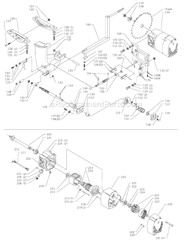 Motor and Support Assembly Diagram and Parts List for 36-600 Type 1 Delta Table Saw