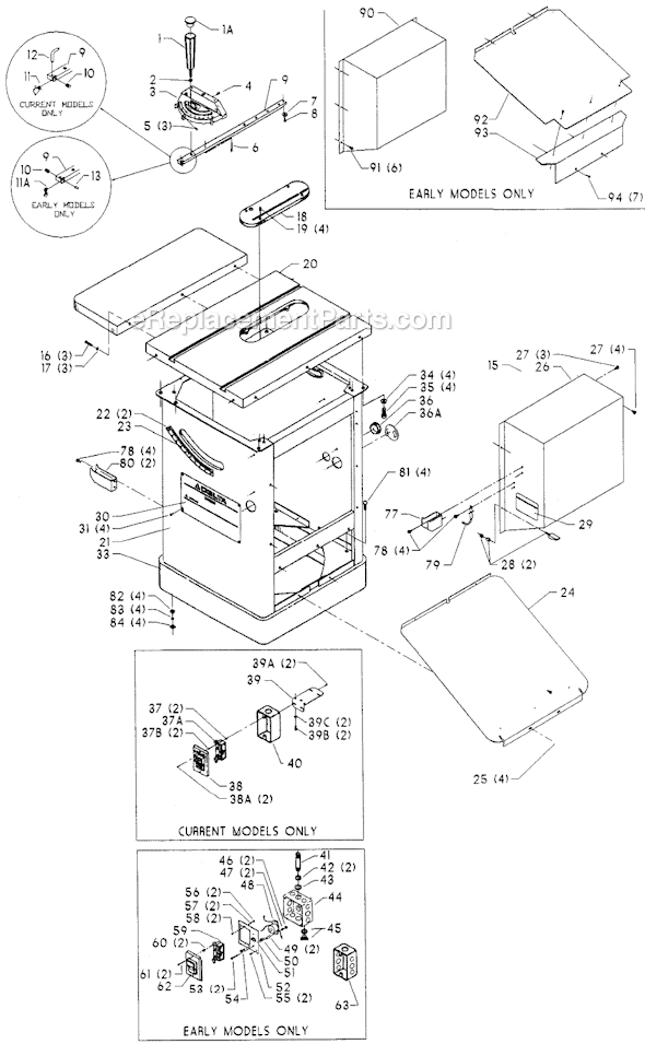 Page A Diagram and Parts List for 36-825 Type 1 Delta Table Saw