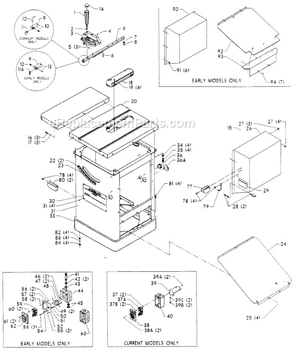 Page A Diagram and Parts List for 36-830 Type 1 Delta Table Saw