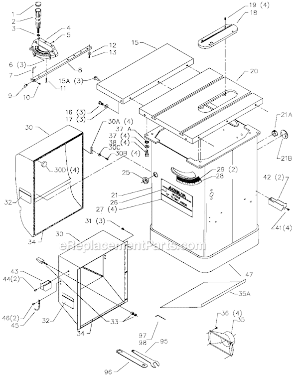 Page A Diagram and Parts List for 36-951 Type 1 Delta Table Saw
